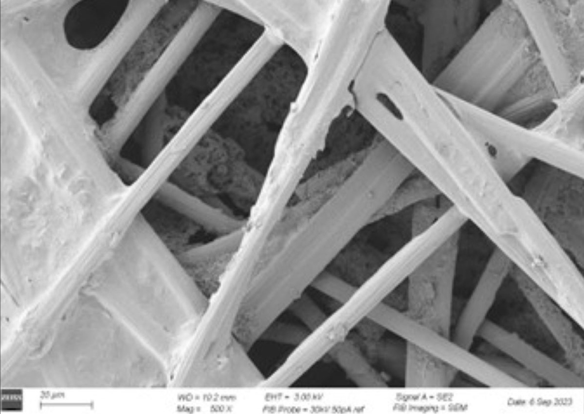 Mikroaufnahme einer gasdurchlässigen Schicht aus einer Brennstoffzelle mittels FIB-SEM-Mikroskopie